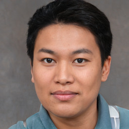 Neutral asian young-adult male with short  black hair and brown eyes