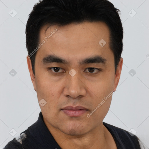 Neutral asian young-adult male with short  black hair and brown eyes