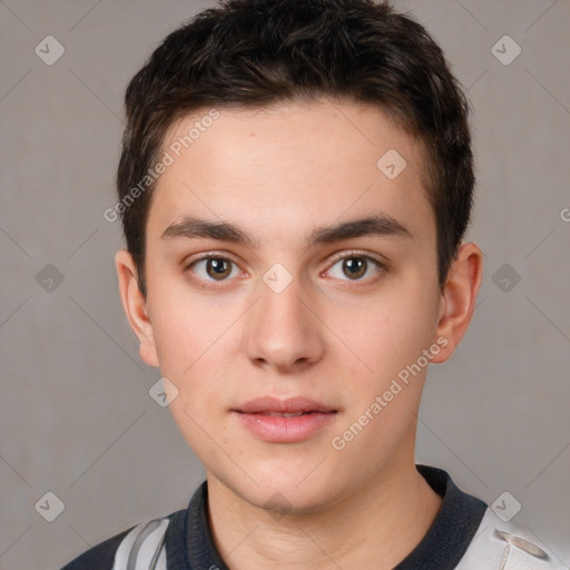 Neutral white young-adult male with short  brown hair and brown eyes