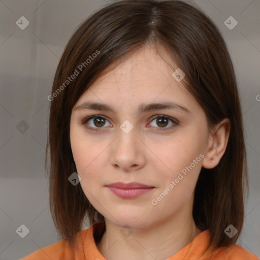 Neutral white young-adult female with medium  brown hair and brown eyes