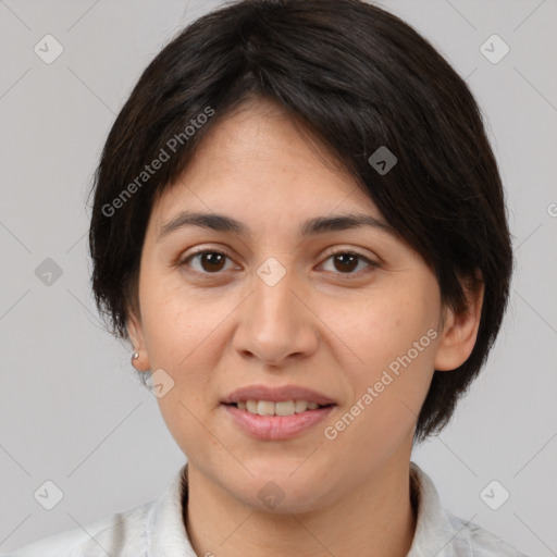 Joyful white young-adult female with medium  brown hair and brown eyes