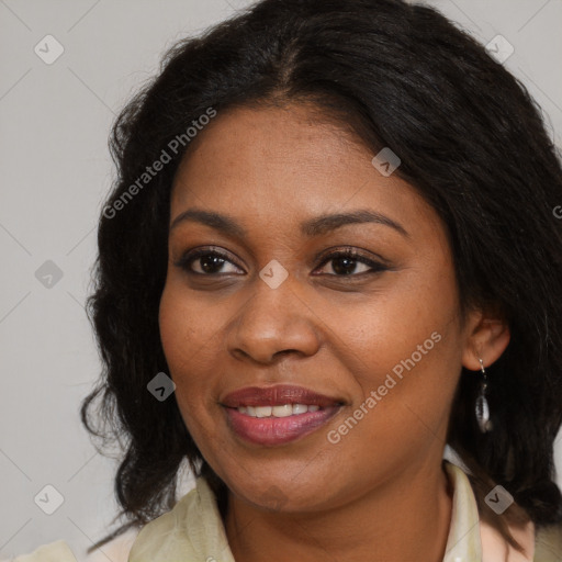 Joyful black young-adult female with medium  brown hair and brown eyes