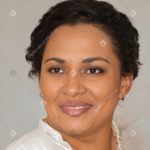 Joyful latino young-adult female with short  brown hair and brown eyes