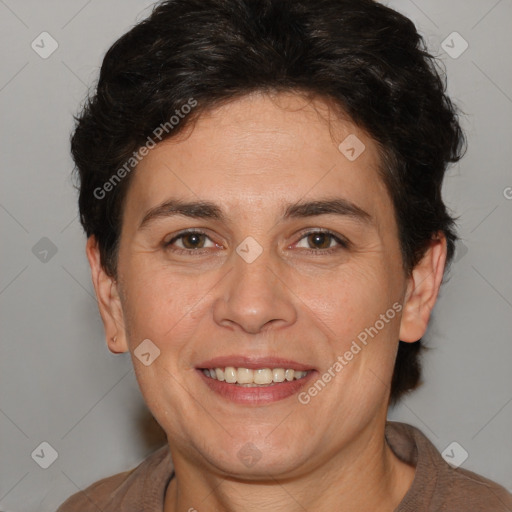 Joyful white adult female with short  brown hair and brown eyes