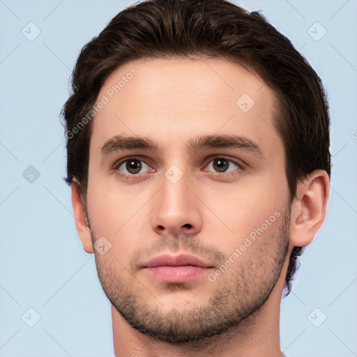 Neutral white young-adult male with short  brown hair and brown eyes