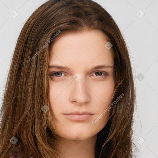 Neutral white young-adult female with long  brown hair and grey eyes