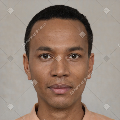 Neutral latino young-adult male with short  black hair and brown eyes