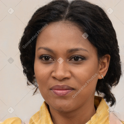Joyful black young-adult female with medium  brown hair and brown eyes