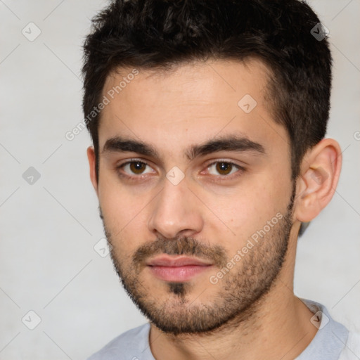 Neutral white young-adult male with short  brown hair and brown eyes