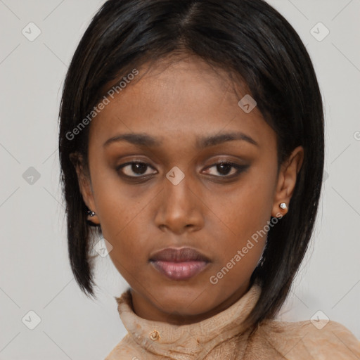 Neutral asian young-adult female with medium  brown hair and brown eyes