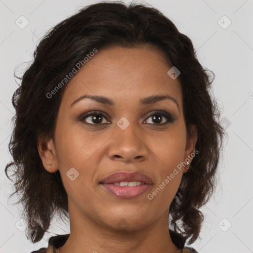 Joyful black young-adult female with medium  brown hair and brown eyes