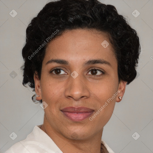 Joyful latino young-adult female with short  brown hair and brown eyes