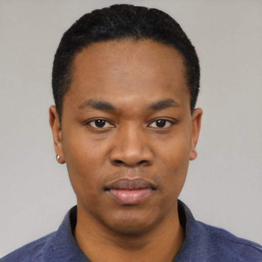 Neutral black young-adult male with short  black hair and brown eyes