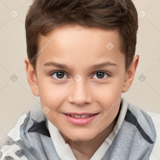 Joyful white child male with short  brown hair and brown eyes