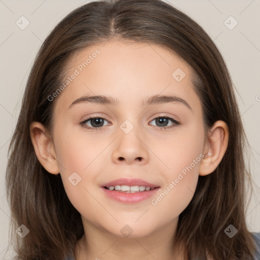 Joyful white child female with long  brown hair and brown eyes