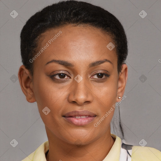 Joyful latino young-adult female with short  brown hair and brown eyes