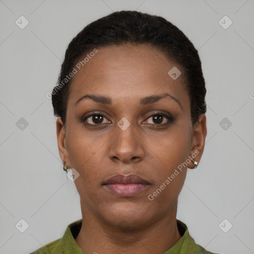 Neutral black young-adult female with short  brown hair and brown eyes