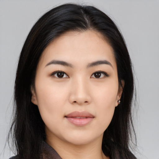Neutral asian young-adult female with long  black hair and brown eyes