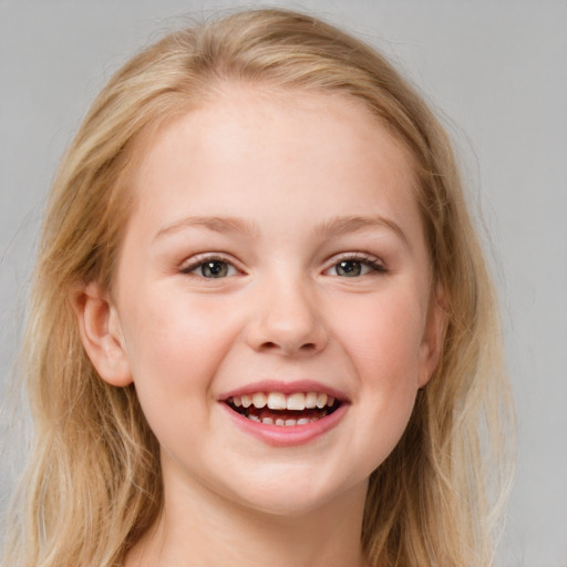 Joyful white child female with medium  brown hair and blue eyes