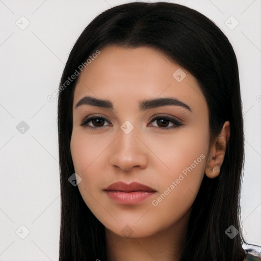 Neutral asian young-adult female with long  black hair and brown eyes