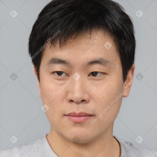 Neutral asian young-adult male with short  black hair and brown eyes