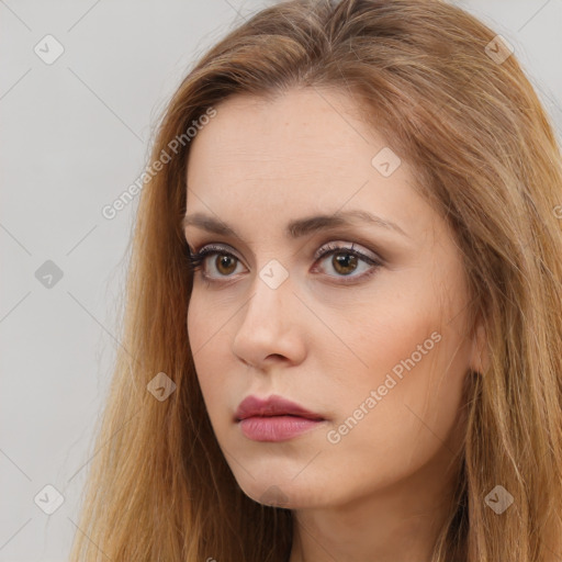 Neutral white young-adult female with long  brown hair and brown eyes