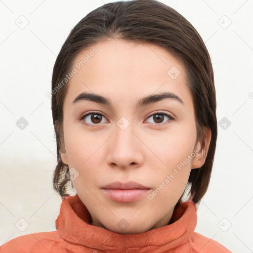 Neutral white young-adult female with long  brown hair and brown eyes