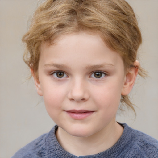 Joyful white child female with medium  brown hair and grey eyes