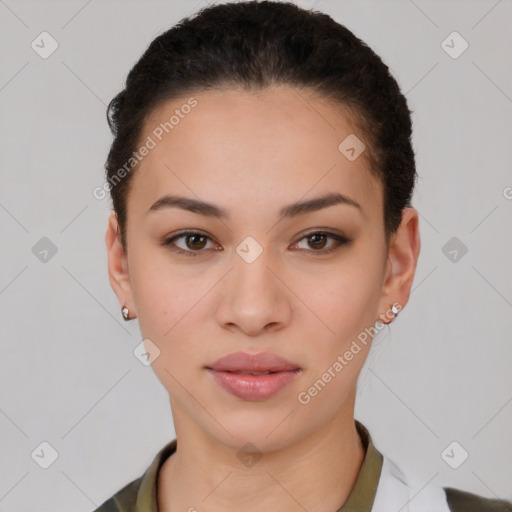 Neutral latino young-adult female with short  black hair and brown eyes