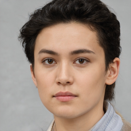 Neutral white young-adult female with short  brown hair and brown eyes