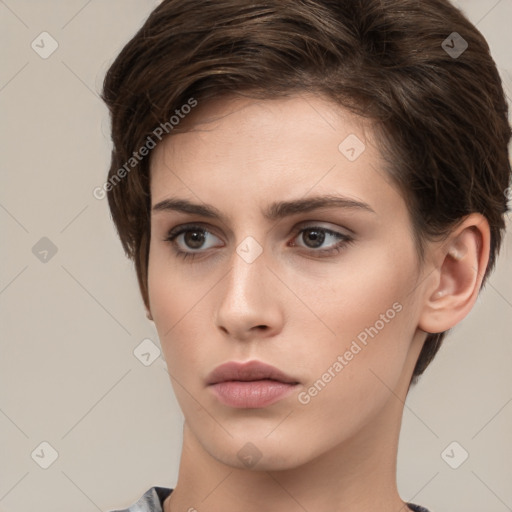 Neutral white young-adult female with short  brown hair and brown eyes