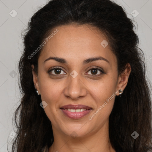 Joyful white adult female with long  brown hair and brown eyes