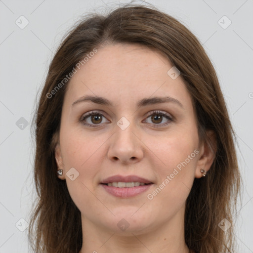 Joyful white young-adult female with long  brown hair and grey eyes