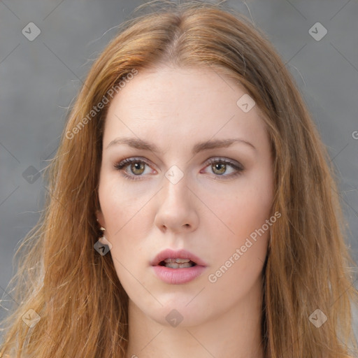 Neutral white young-adult female with long  brown hair and brown eyes