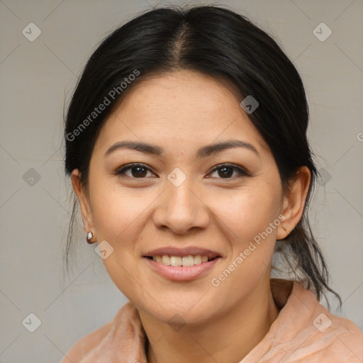 Joyful asian young-adult female with medium  brown hair and brown eyes