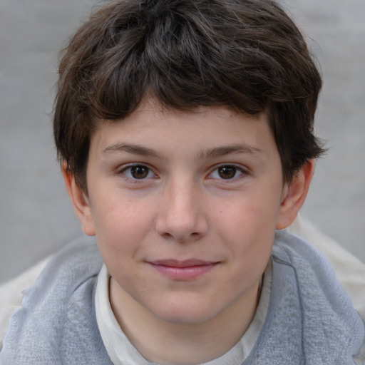 Joyful white child female with short  brown hair and brown eyes