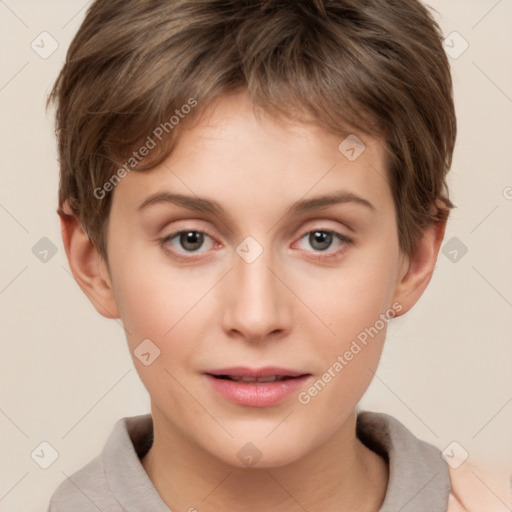 Neutral white young-adult female with short  brown hair and brown eyes