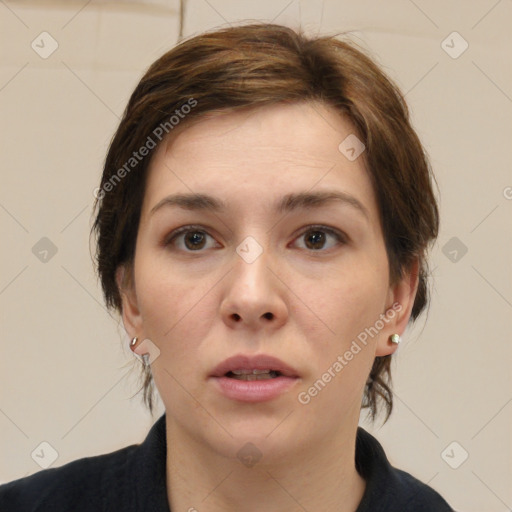 Neutral white young-adult female with medium  brown hair and brown eyes