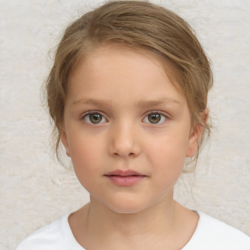 Neutral white child female with medium  brown hair and blue eyes