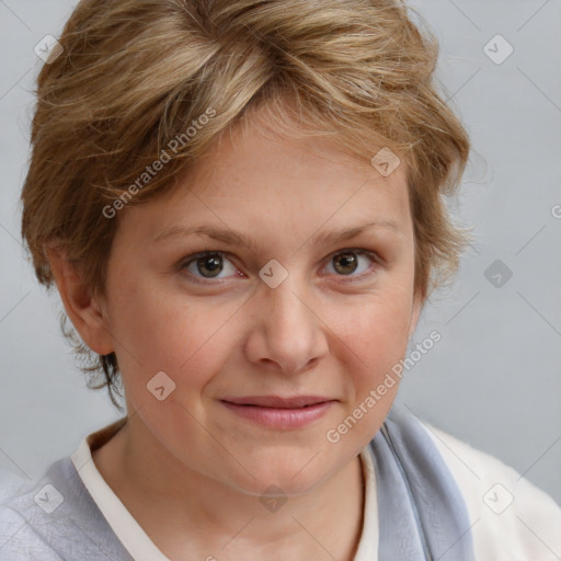 Joyful white young-adult female with medium  brown hair and blue eyes