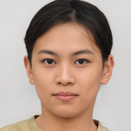 Neutral asian young-adult female with short  brown hair and brown eyes