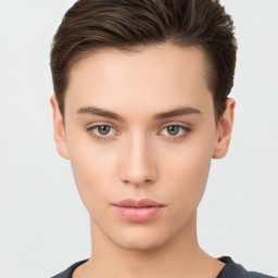 Neutral white young-adult female with short  brown hair and brown eyes