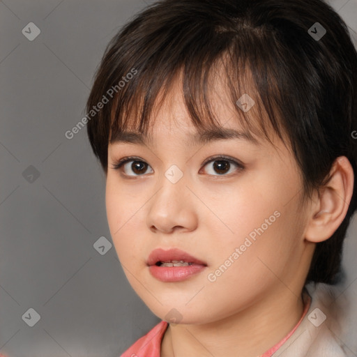 Neutral white young-adult female with short  brown hair and brown eyes