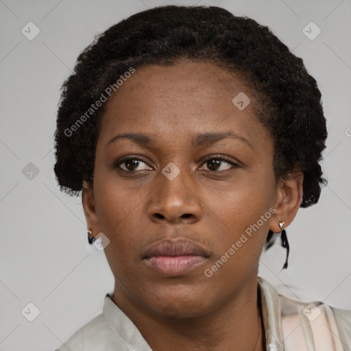 Neutral black young-adult female with short  brown hair and brown eyes