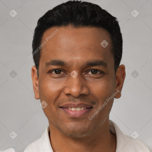 Joyful latino young-adult male with short  black hair and brown eyes