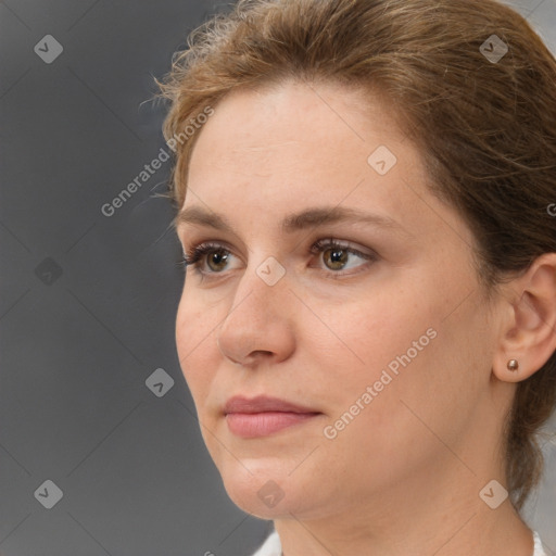 Neutral white young-adult female with medium  brown hair and brown eyes