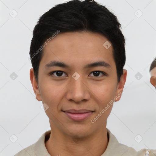 Joyful asian young-adult male with short  brown hair and brown eyes