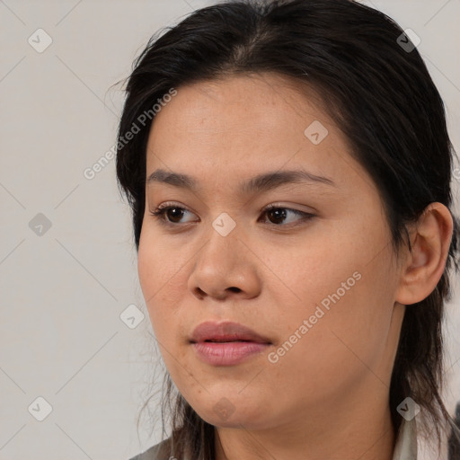 Neutral white young-adult female with medium  brown hair and brown eyes