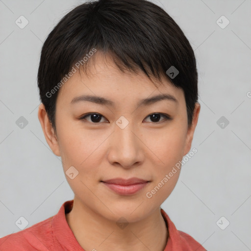 Joyful asian young-adult female with short  brown hair and brown eyes