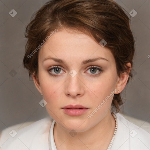 Neutral white young-adult female with medium  brown hair and brown eyes